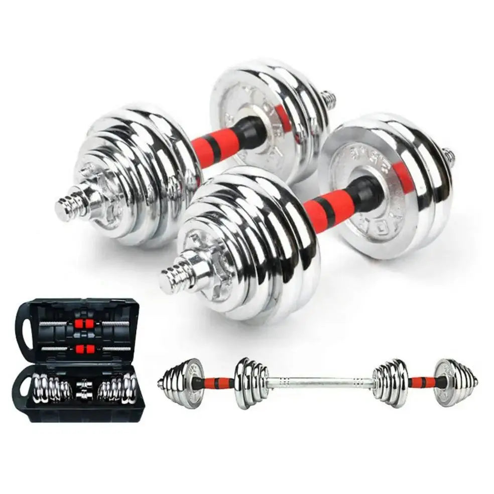 Cito Thriven chrome and cast iron dumbbell set with barbell, weights from 10kg to 50kg, arranged on a gym floor.