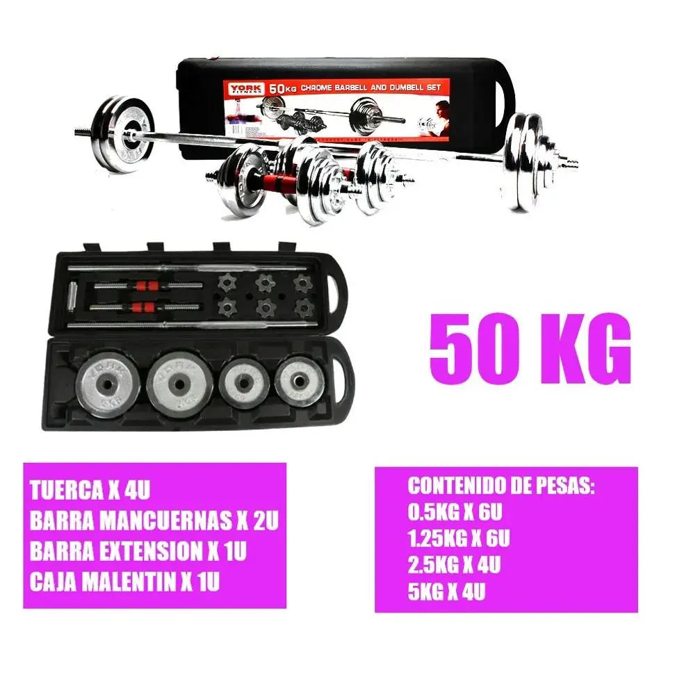 Cito Thriven chrome and cast iron dumbbell set with adjustable barbell, weights from 10kg to 50kg for strength training.