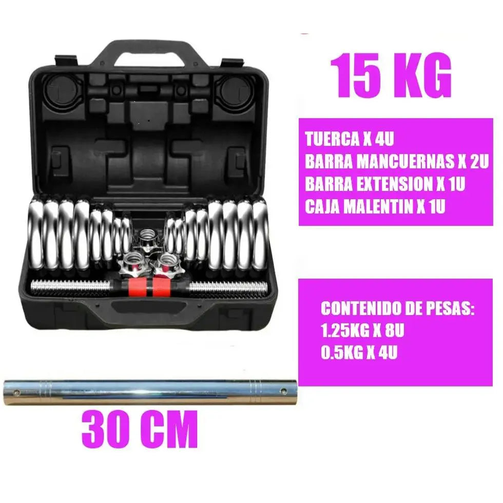Cito Thriven chrome and cast iron dumbbell set with adjustable weights from 10kg to 50kg, featuring a barbell and weight plates.