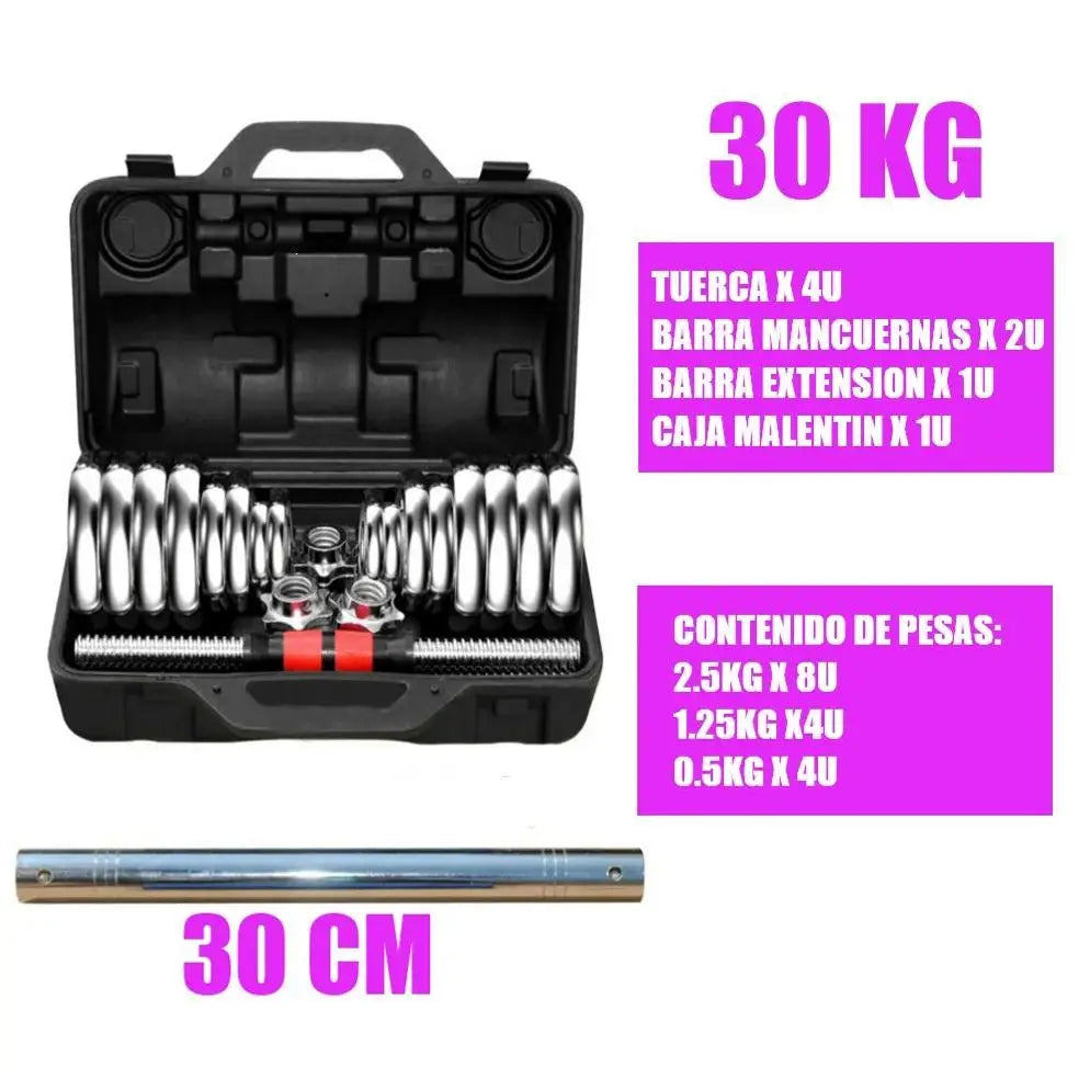 Cito Thriven chrome and cast iron dumbbell set with adjustable barbell, weights ranging from 10kg to 50kg for strength training