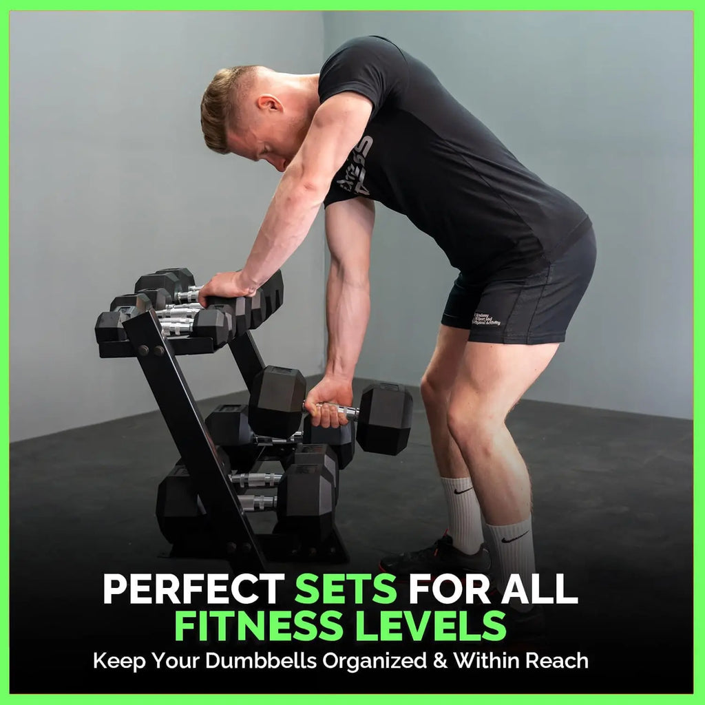 Rubber hex dumbbell set with rack, 450lb total weight, by Cito Thriven, showing black rubber-coated dumbbells on a sturdy rack.