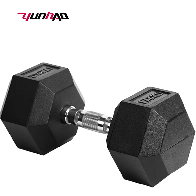 Cito Thriven Hex and neoprene dumbbells, black and yellow, with textured grips, designed for strength training and fitness exercises.
