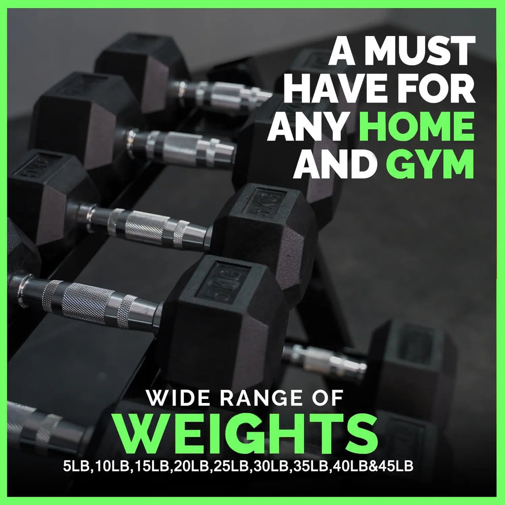 Cito Thriven 450lb rubber hex dumbbell set with rack, featuring multiple weight sizes for strength training and home gym use.