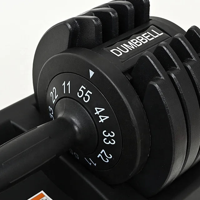 Cito Thriven adjustable dumbbell set with 25lb to 55lb weights and multiple plates for versatile strength training exercises.