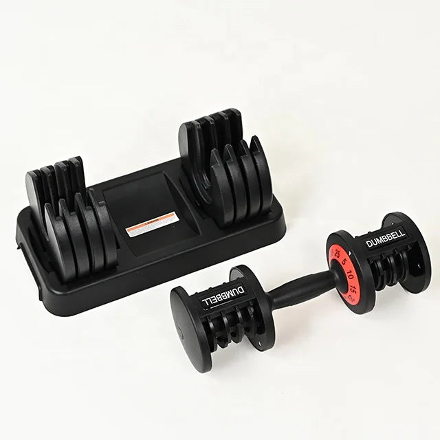 Cito Thriven adjustable dumbbell set with weights from 25lb to 55lb, featuring multiple weight plates and a compact handle.