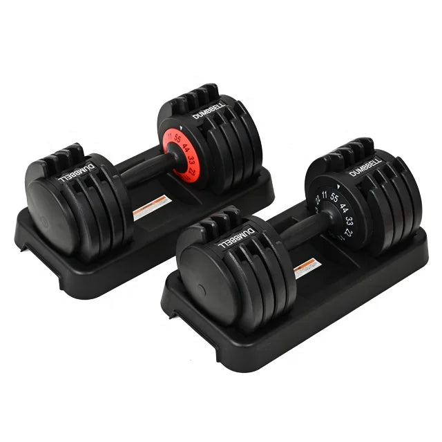 Cito Thriven adjustable dumbbell set with 25lb to 55lb weights and black handles for strength training and home workouts.