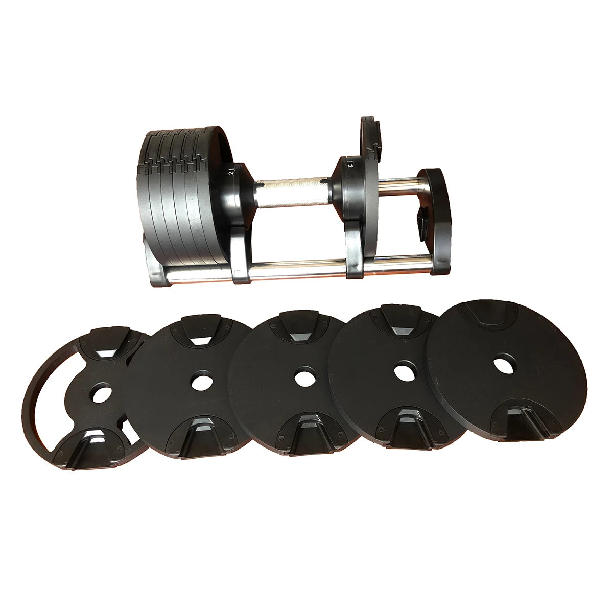 Cito Thriven cast iron adjustable dumbbell set with 20kg and 32kg weights, featuring black handles and weight plates.