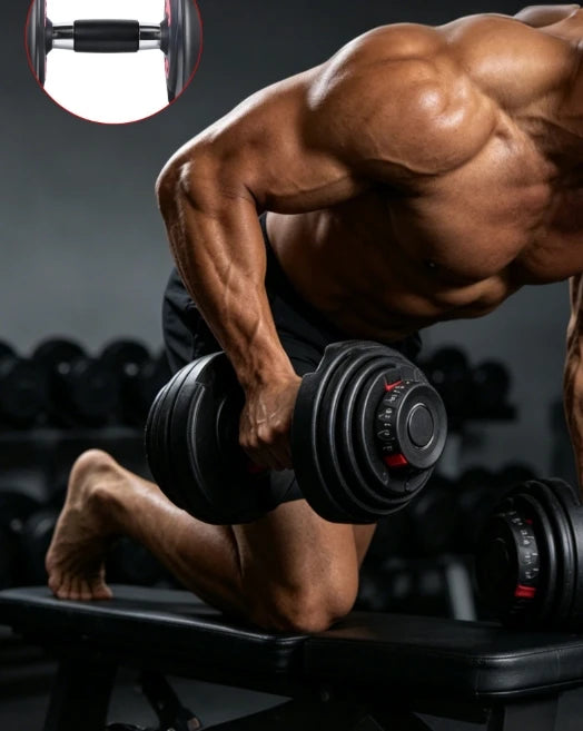 Cito Thriven Quick-Dial adjustable dumbbell with black handle and weight plates for versatile strength training.
