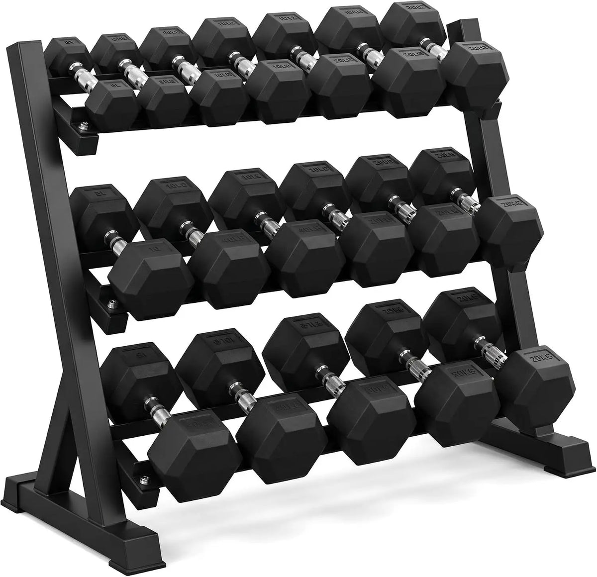 Cito Thriven rubber hex dumbbell set with rack, featuring 450lb weight plates and black handles for strength training.