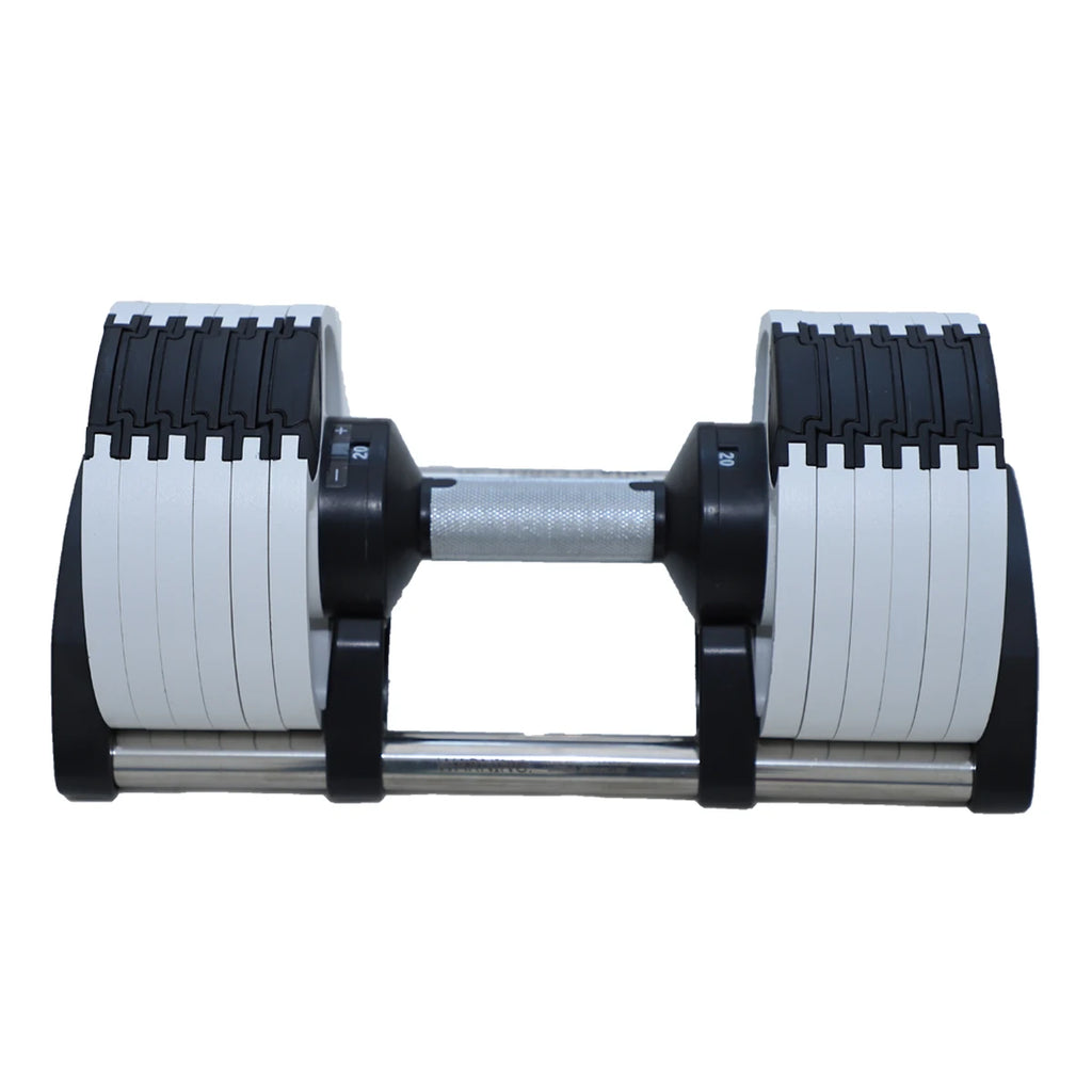 Cito Thriven cast iron adjustable dumbbell set with 20kg and 32kg weights, showing the dumbbells on a workout bench.