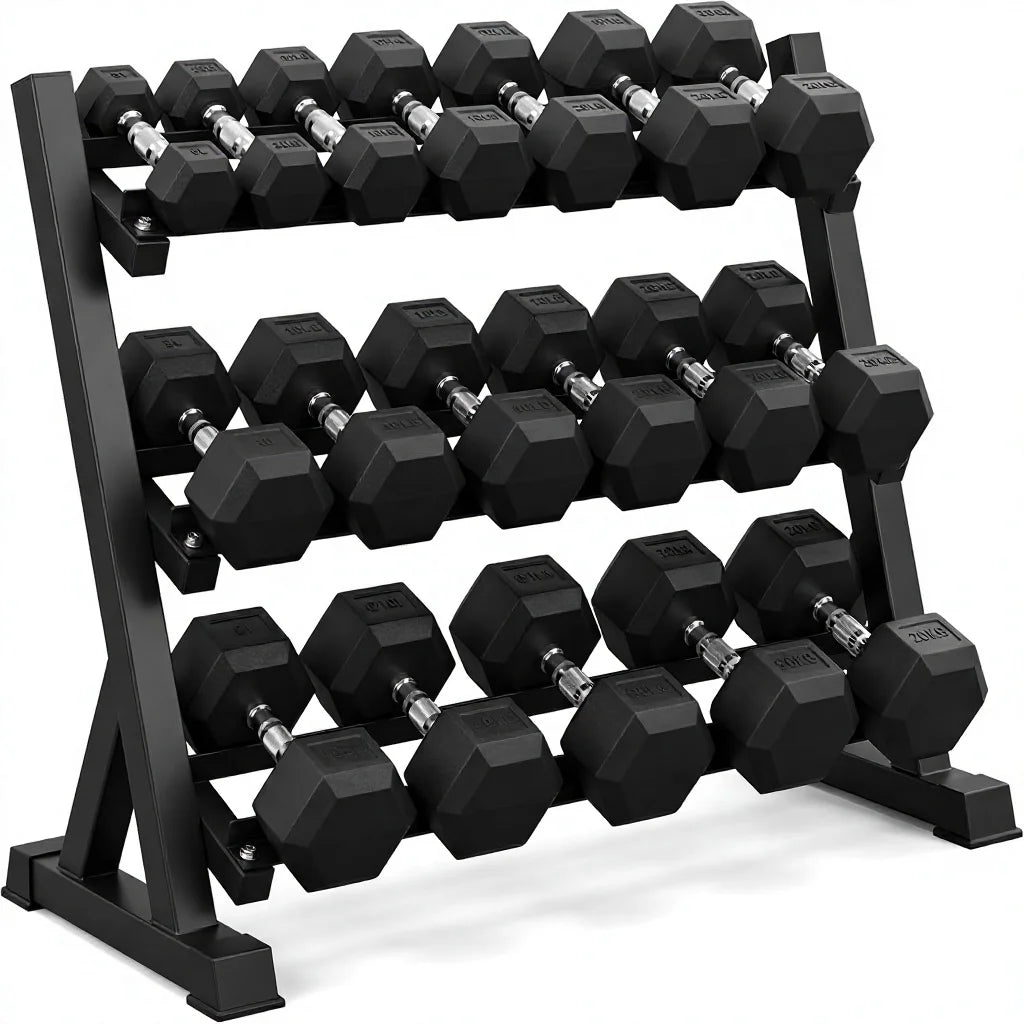 Cito Thriven Rubber Hex Dumbbell Set with Rack, 450lb, featuring black rubber-coated dumbbells on a sturdy storage rack