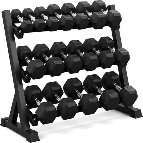 Cito Thriven Rubber Hex Dumbbell Set with Rack, 450lb, featuring black rubber-coated dumbbells on a sturdy storage rack