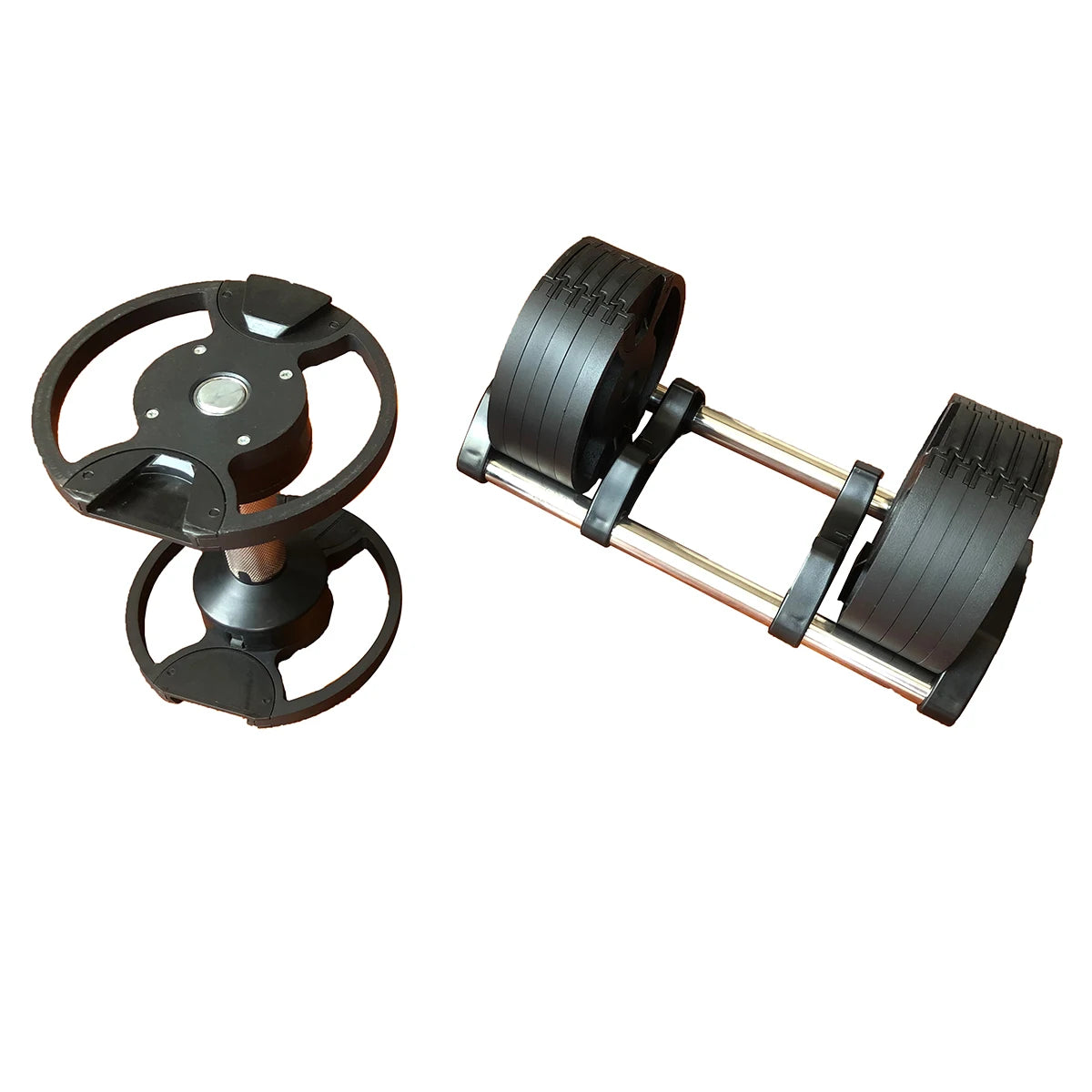 Cito Thriven cast iron adjustable dumbbell set with 20kg and 32kg weights, showing the dumbbells on a workout bench