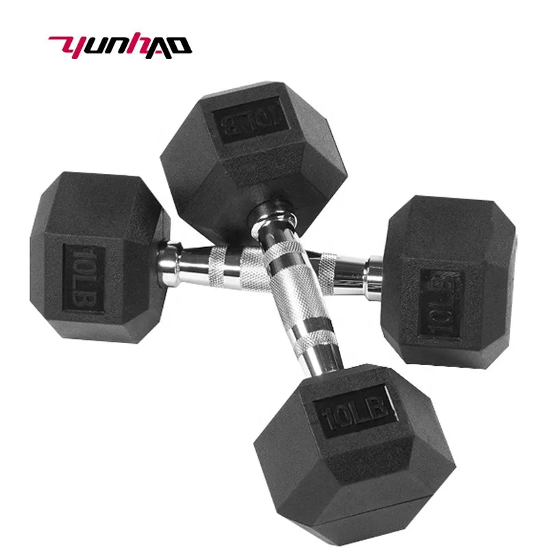 Cito Thriven hex and neoprene dumbbells in black and yellow, showcasing their compact design and textured handles for grip.