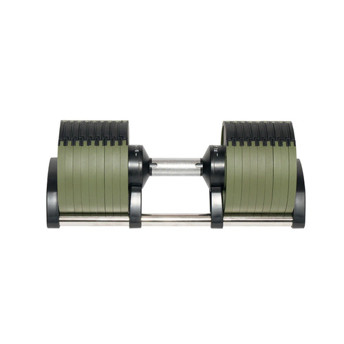 Cito Thriven cast iron adjustable dumbbell set with 20kg and 32kg weights, featuring textured handles and weight plates.