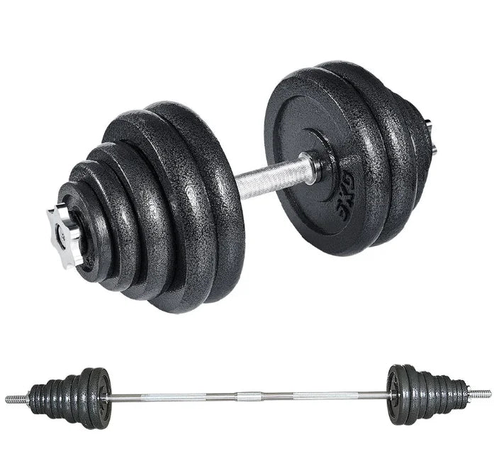 Rubber-coated adjustable dumbbell set from Cito Thriven, 15kg to 50kg, with multiple weights and handles on a gym floor.