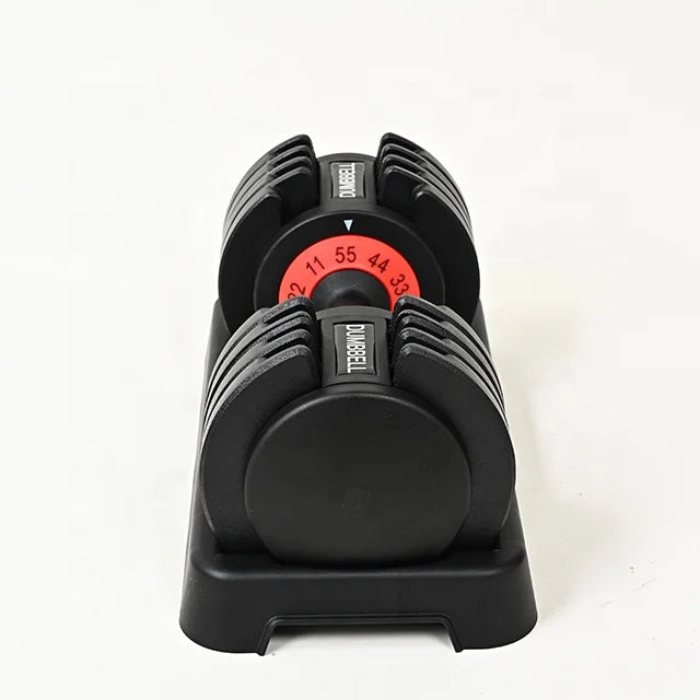 Cito Thriven adjustable dumbbell set with 25lb to 55lb weights and black handles, versatile for strength training exercises.