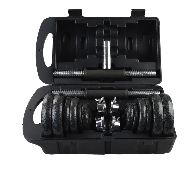 Rubber-coated adjustable dumbbell set by Cito Thriven with weight plates from 15kg to 50kg on a workout bench.