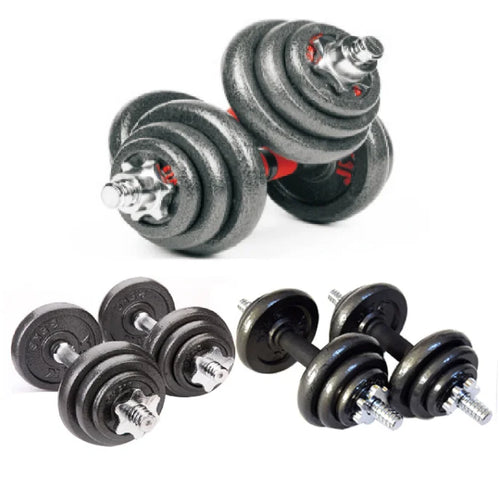 Set of Cito Thriven rubber-coated adjustable dumbbells from 15kg to 50kg, showing the sleek, textured handles and weight plates.