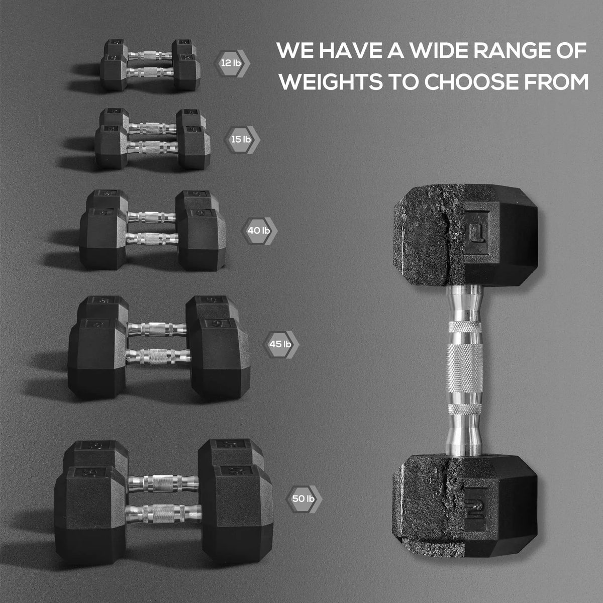 Set of Cito Thriven hexagonal cast iron dumbbells ranging from 5kg to 50kg, arranged on a gym floor with a neutral background.