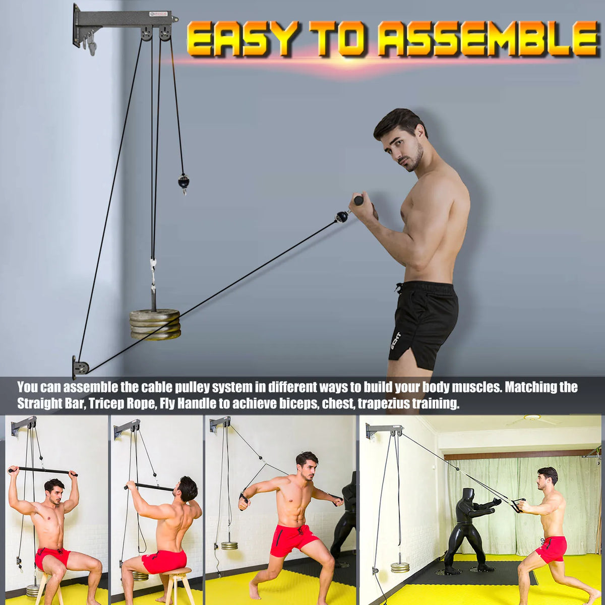 Wall-mounted cable pulley system by Cito Thriven, strength training equipment with adjustable pulleys and cable handles.