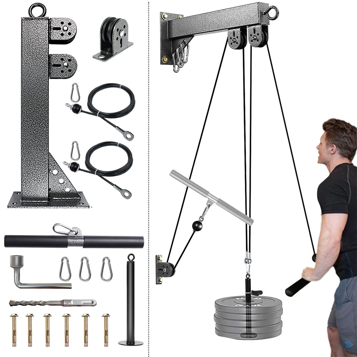 Wall-mounted cable pulley system from Cito Thriven for strength training, featuring adjustable cables and sturdy mounting hardware.