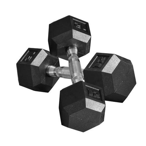 Cito Thriven hexagonal cast iron dumbbell set with weights from 5kg to 50kg, shown stacked on a gym floor.